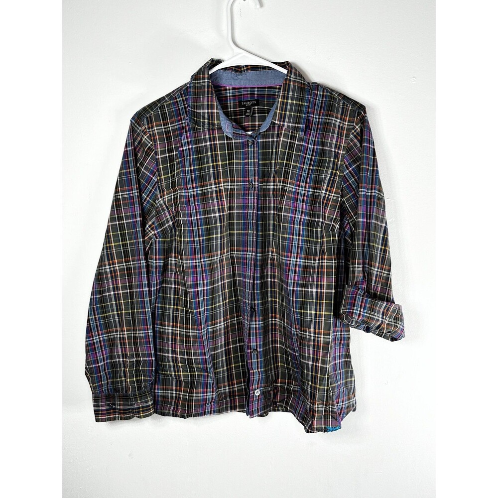 Talbots Shirt Womens Petite 16P Multicolor Plaid Button Front Long Sleeve Top